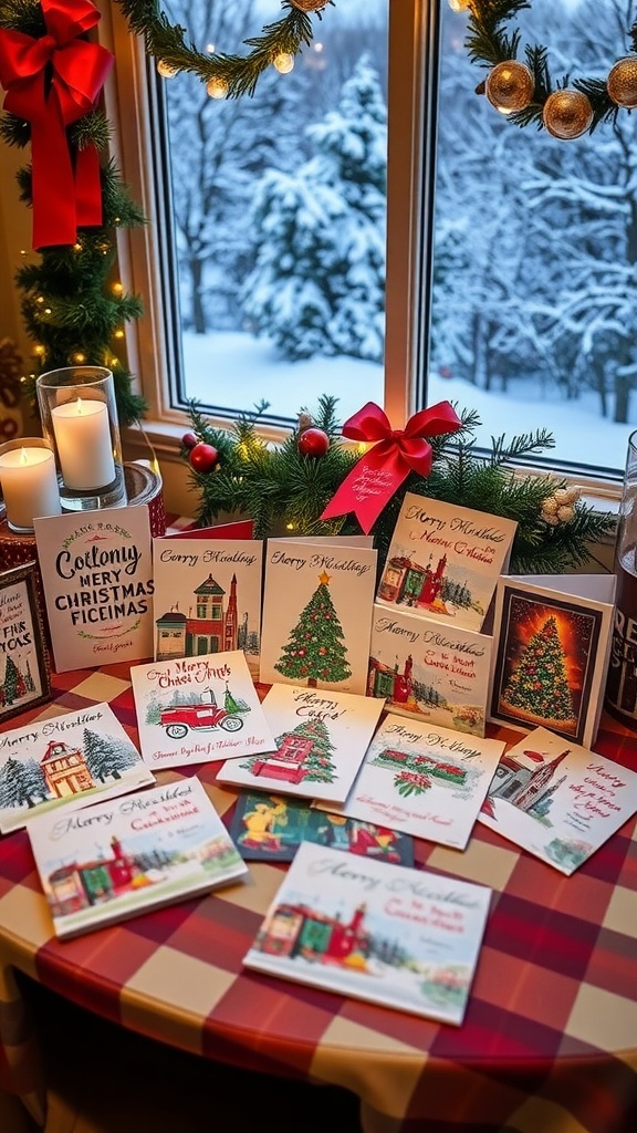 A collection of 49th and Market Christmas cards displayed with festive decorations.